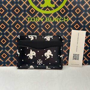 Tory Burch Emerson Printed Slim Card Case Black Tossed Bow Silver Black White